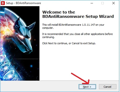 Passo 1: Tela de boas-vindas do assistente de instalação do BDAntiRansomware, clique em Next