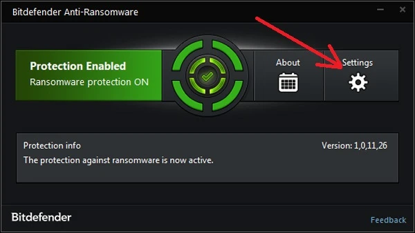 Passo 5: Tela principal do Bitdefender Anti-Ransomware, clique em Settings