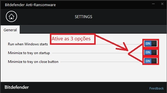 Passo 6: Configurações do Bitdefender com as 3 opções ativadas em ON